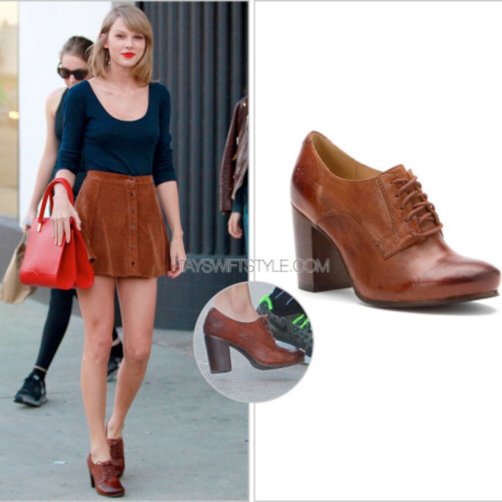 TAYLOR SWIFT Frye Carson Lace-Up Brown Cognac Leather Heeled Oxford Ankle Bootie - Picture 1 of 16